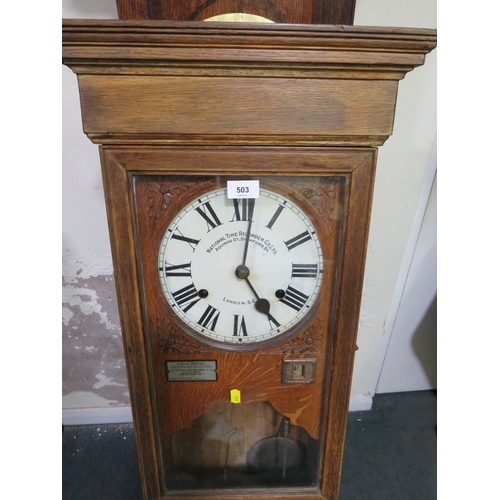 503 - A WALL MOUNTED NATIONAL TIME RECORDER OAK CASED CLOCKING IN CLOCK, H 119 cm