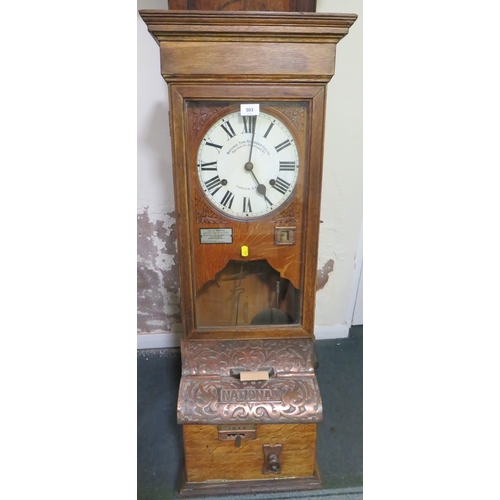 503 - A WALL MOUNTED NATIONAL TIME RECORDER OAK CASED CLOCKING IN CLOCK, H 119 cm