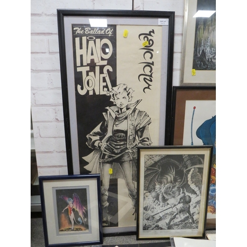 307 - A MIXED LOT OF FANTASY PICTURES, mostly framed, to include Ballad of Halo Jones 2000AD poster approx... 