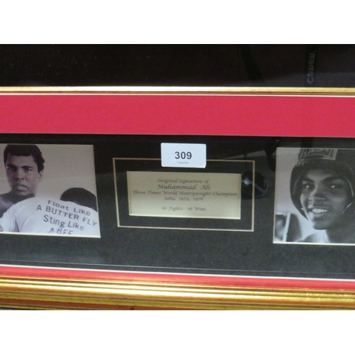 309 - A FRAMED MUHAMMAD ALI BOXING GLOVE AND HEADGUARD, both items signed