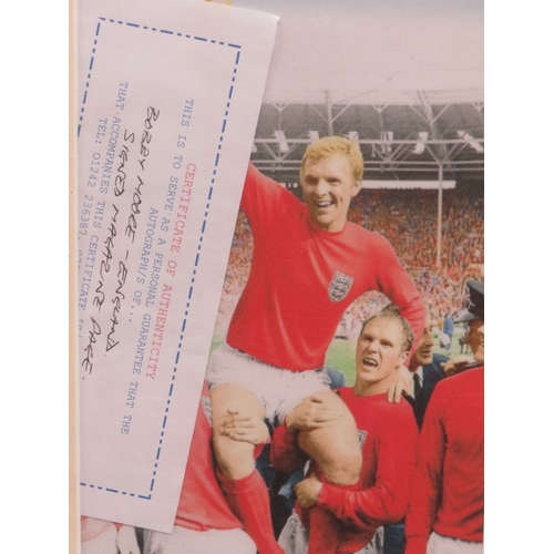 315 - A BOBBY MOORE PICTURE AND SIGNED MAGAZINE PAGE, with certificate of authenticity