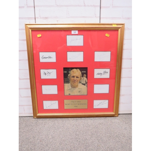 329 - A FRAMED 1966 ENGLAND FOOTBALL WORLD CUP WINNING PICTURE OF BOBBY MOORE, signed along with all ten o... 