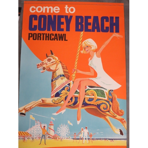 389 - A VINTAGE CONEY BEACH PORTHCAWL PLEASURE BEACH POSTER, depicting a girl on a fairground galloper, 50... 