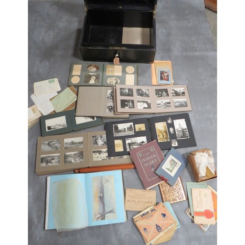 209 - A LOCKABLE BRIGGS DEED BOX AND CONTENTS, to include loose vintage postcards and seven vintage photog... 