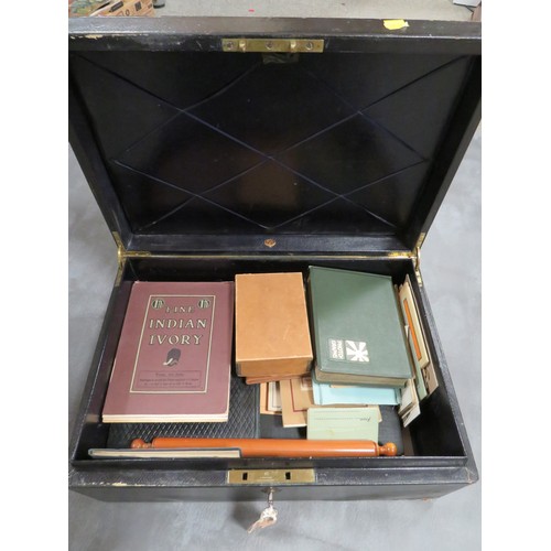 209 - A LOCKABLE BRIGGS DEED BOX AND CONTENTS, to include loose vintage postcards and seven vintage photog... 