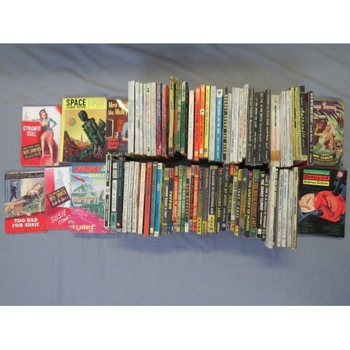 188 - A TRAY OF VINTAGE PULP PAPERBACK BOOKS, to include Mickey Spillane, Hank Janson etc., and vintage sc... 