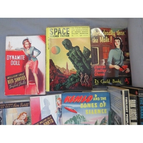 188 - A TRAY OF VINTAGE PULP PAPERBACK BOOKS, to include Mickey Spillane, Hank Janson etc., and vintage sc... 