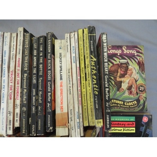 188 - A TRAY OF VINTAGE PULP PAPERBACK BOOKS, to include Mickey Spillane, Hank Janson etc., and vintage sc... 