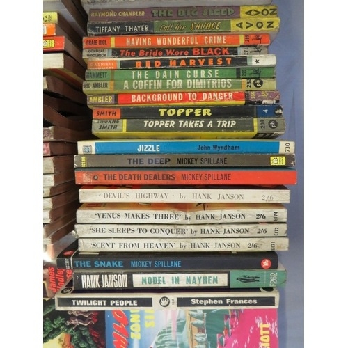 188 - A TRAY OF VINTAGE PULP PAPERBACK BOOKS, to include Mickey Spillane, Hank Janson etc., and vintage sc... 