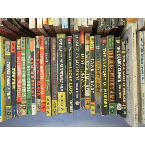 188 - A TRAY OF VINTAGE PULP PAPERBACK BOOKS, to include Mickey Spillane, Hank Janson etc., and vintage sc... 