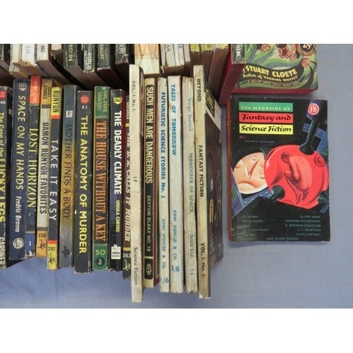 188 - A TRAY OF VINTAGE PULP PAPERBACK BOOKS, to include Mickey Spillane, Hank Janson etc., and vintage sc... 