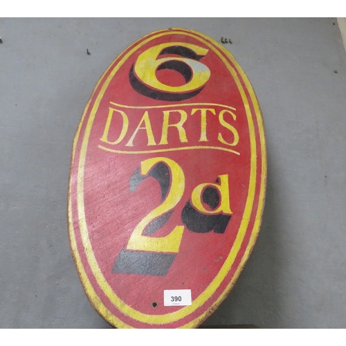 390 - A VINTAGE WOODEN OVAL 'DARTS ADVERTISING GAME BOARD, H 76 cm