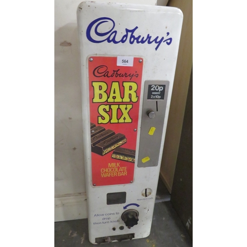 564 - A VINTAGE 'CADBURY'S BAR SIX' WALL MOUNTED VENDING MACHINE, (20p, insert 2 x 10p)