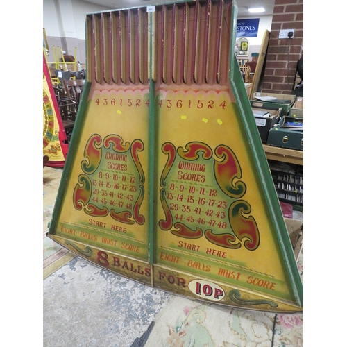 566 - A MID 20TH CENTURY PAINTED WOOD FAIRGROUND ROLL A BALL GAME BOARD, mainly in green and yellow, 145 c... 