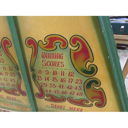 566 - A MID 20TH CENTURY PAINTED WOOD FAIRGROUND ROLL A BALL GAME BOARD, mainly in green and yellow, 145 c... 