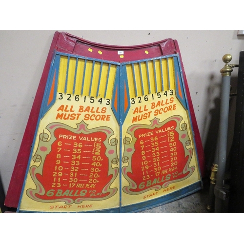 567 - A MID 20TH CENTURY PAINTED WOOD FAIRGROUND ROLL A BALL GAME BOARD, mainly in red, yellow and blue, 1... 