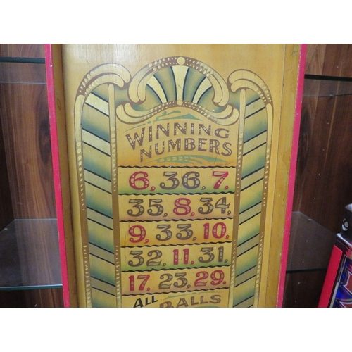 569 - WINNING NUMBERS, A MID 20TH CENTURY PAINTED WOOD FAIRGROUND BAGATELLE TYPE GAME BOARD, painted surfa... 