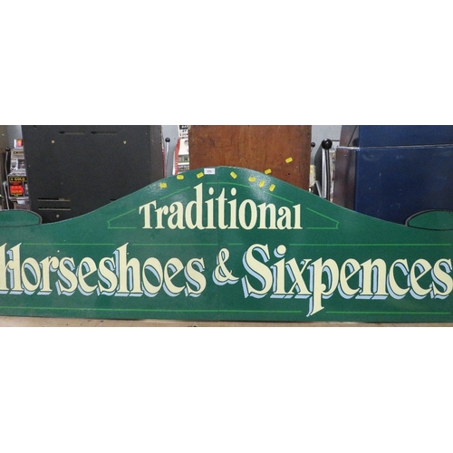 572 - A MODERN FOLDING PAINTED WOOD FAIRGROUND SIGN, inscribed 'Traditional, Horseshoes and Sixpences', gr... 