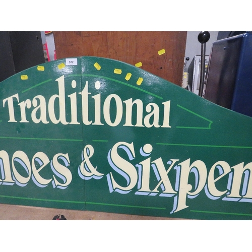 572 - A MODERN FOLDING PAINTED WOOD FAIRGROUND SIGN, inscribed 'Traditional, Horseshoes and Sixpences', gr... 