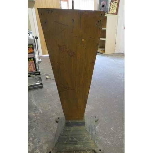 575 - A VINTAGE OAK WEDGE SHAPED PEDESTAL, with cast iron foot, with central bolt fitting to top, H 88 cm