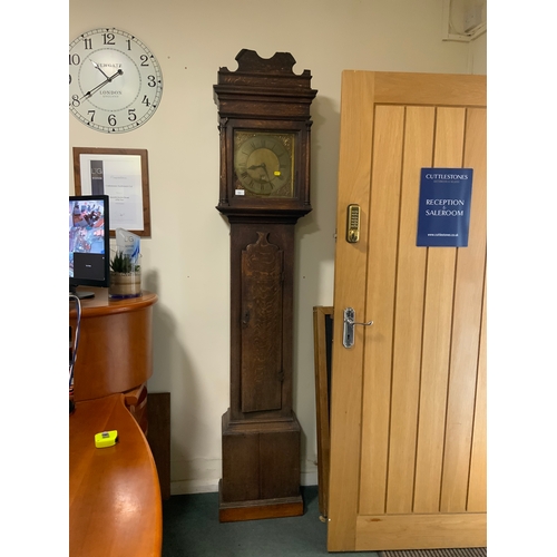 701 - Antique oak, cased brass face long case clock by T Bradford of Buckingham H 211 cm Face Dia. 11”