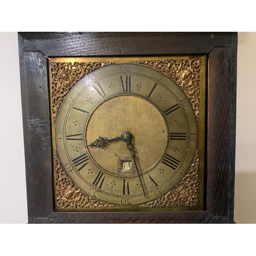 701 - Antique oak, cased brass face long case clock by T Bradford of Buckingham H 211 cm Face Dia. 11”