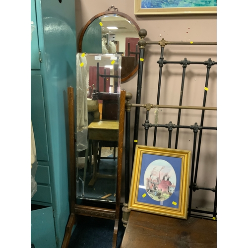 729 - A vintage oak cheval  mirror together with a circular walnut mirror and a pot bank framed print