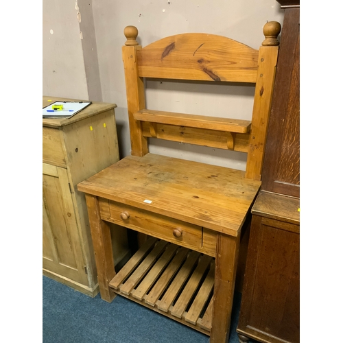 735 - A heavy pine serving table with single drawer and open structure to back H 165 cm W 89 cm