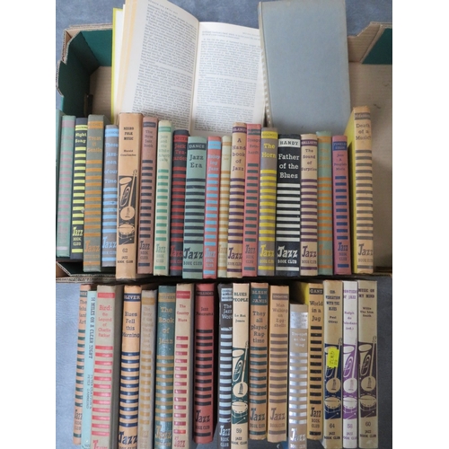 201 - A TRAY CONTAINING APPROXIMATELY THIRTY NINE VINTAGE HARDBACK JAZZ BOOK CLUB BOOKS, mainly from the 1... 