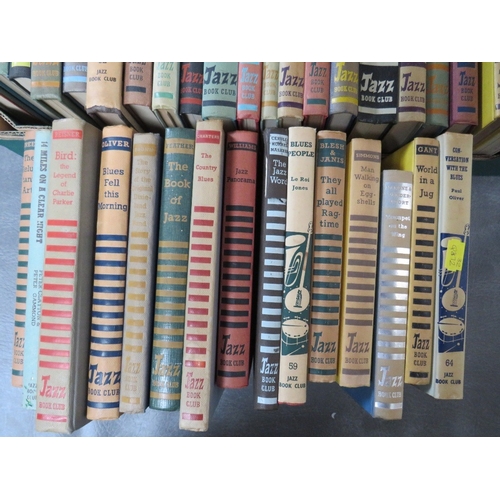 201 - A TRAY CONTAINING APPROXIMATELY THIRTY NINE VINTAGE HARDBACK JAZZ BOOK CLUB BOOKS, mainly from the 1... 