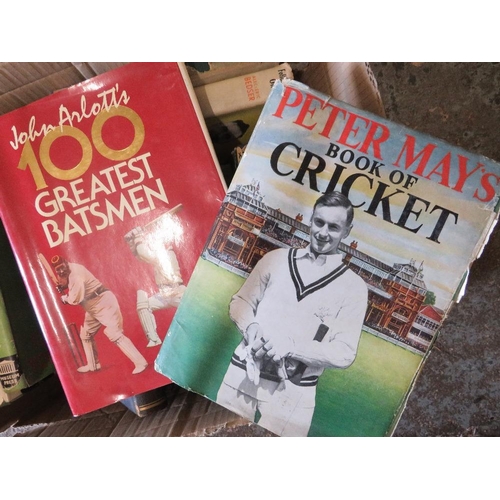 128 - A SMALL TRAY OF MAINLY CRICKET RELATED BOOKS TO INLCUDE I'LL SPION YOU A TALE - ERIC HOLLIES, THE GL... 