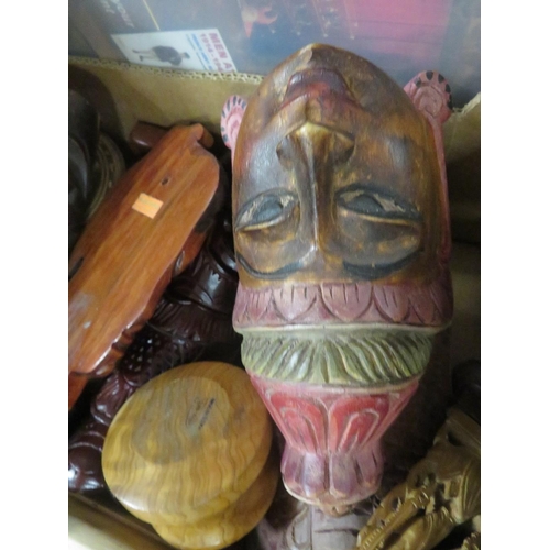 131 - A TRAY OF TREEN ITEMS TO INCLUDE WALL MASKS, FIGURES, VASE AND A BOX OF CURIOS