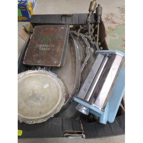 133 - A TRAY OF ASSORTED METALWARE TOGETHER WITH TWO TRAYS OF CERAMICS ETC