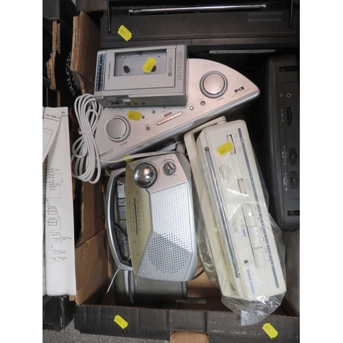 135 - TWO TRAYS OF ASSORTED AUDIO EQUIPMENT TO INCLUDE PORTABLE RADIOS AND PORTABLE CASSETTE PLAYERS TOGET... 