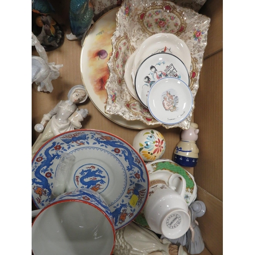 138 - FOUR TRAYS OF CERAMICS AND GLASS ETC TO INCLUDE CARRIAGE CLOCKS