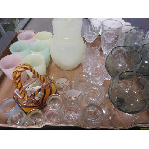 138 - FOUR TRAYS OF CERAMICS AND GLASS ETC TO INCLUDE CARRIAGE CLOCKS