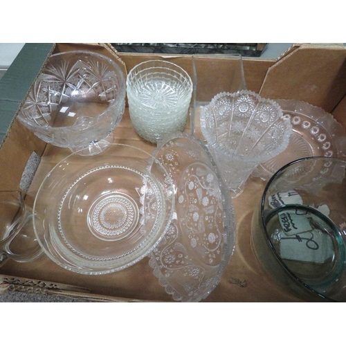 145 - THREE TRAYS OF ASSORTED CERAMICS & GLASS ETC