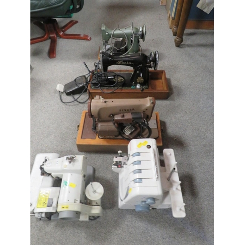 149 - FOUR ASSORTED VINTAGE SEWING MACHINES TO INCLUDE SINGER ETC - A/F TOGETHER WITH TWO OVERLOCK STYLE M... 