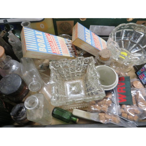 153 - FOUR TRAYS OF ASSORTED SUNDRIES TO INCLUDE CHEMIST BOTTLES, CASED CUTLERY, PROJECTOR ACCESSORIES ETC