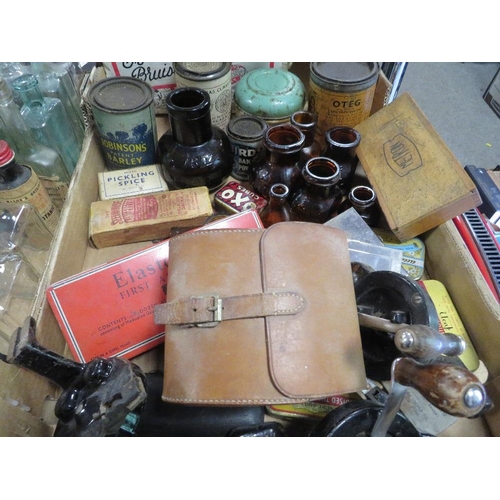 165 - TWO TRAYS OF ASSORTED CHEMISTS BOTTLES ETC TO INCLUDE VINTAGE CANISTERS ETC