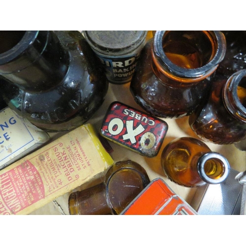 165 - TWO TRAYS OF ASSORTED CHEMISTS BOTTLES ETC TO INCLUDE VINTAGE CANISTERS ETC