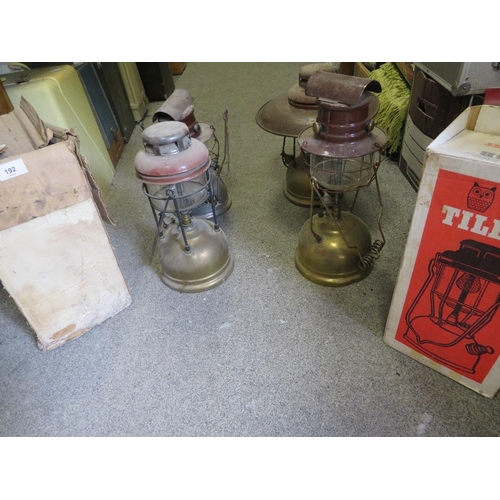 192 - SIX ASSORTED VINTAGE TILLEY LAMPS TO INCLUDE BOXED EXAMPLES