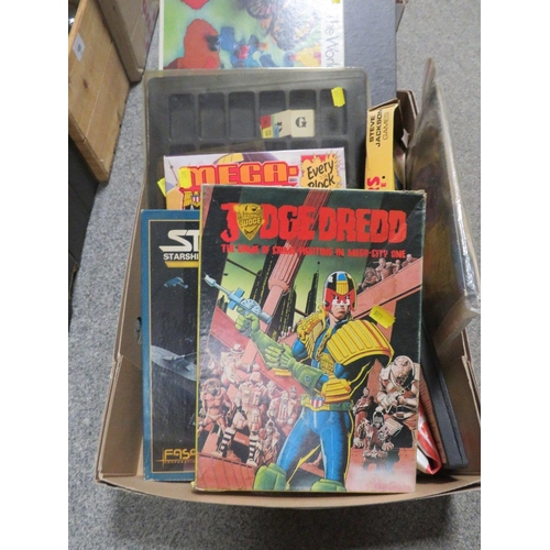 202 - THREE TRAYS OF ASSORTED VINTAGE GAMES ETC TO INCLUDE JUDGE DREDD