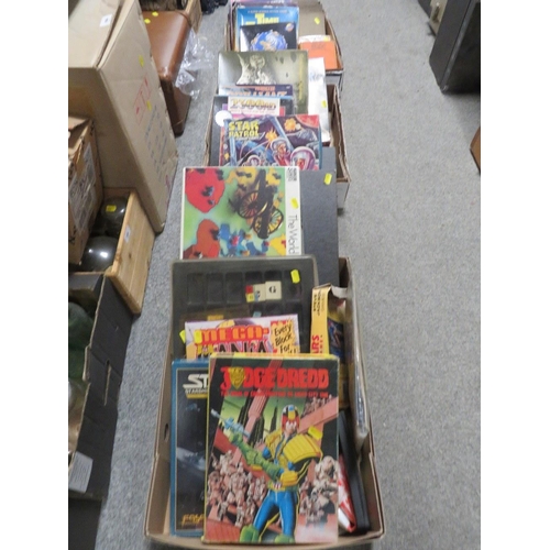 202 - THREE TRAYS OF ASSORTED VINTAGE GAMES ETC TO INCLUDE JUDGE DREDD