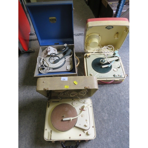 216 - THREE VINTAGE RECORD PLAYERS TO INCLUDE A DANSETTE EXAMPLE