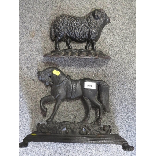 233 - TWO CAST IRON DOOR STOPS IN THE FORM OF A HORSE AND A SHEEP