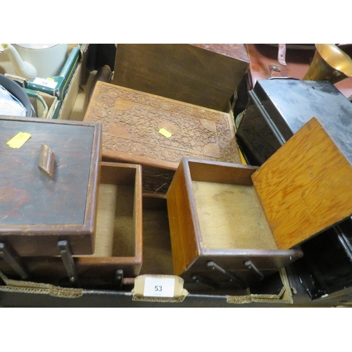 53 - A TRAY OF TREEN TO INCLUDE A CARVED JEWELLERY BOX AND AN EXPANDABLE SEWING BOX