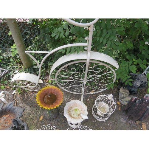 605 - A SELECTION OF WROUGHT IRON AND CAST GARDEN GARDEN ORNAMENTS TO INCLUDE A BIKE PLANTER