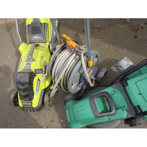 640 - TWO ELECTRIC MOWERS COMPRISING A RYOBI AND A QUALCAST, TOGETHER WITH A HOZELOCK HOSE PIPE AND REEL