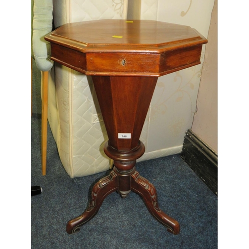 748 - A 19TH CENTURY MAHOGANY SEWING BOX ON TRIPOD STAND